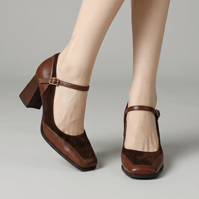 Scarpe con tacco alto in pelle punta quadrata con fibbia regolabile nero paio unico