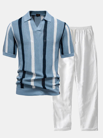 Stripe Knit V Neck Polo Shirt & Cotton Linen Pants