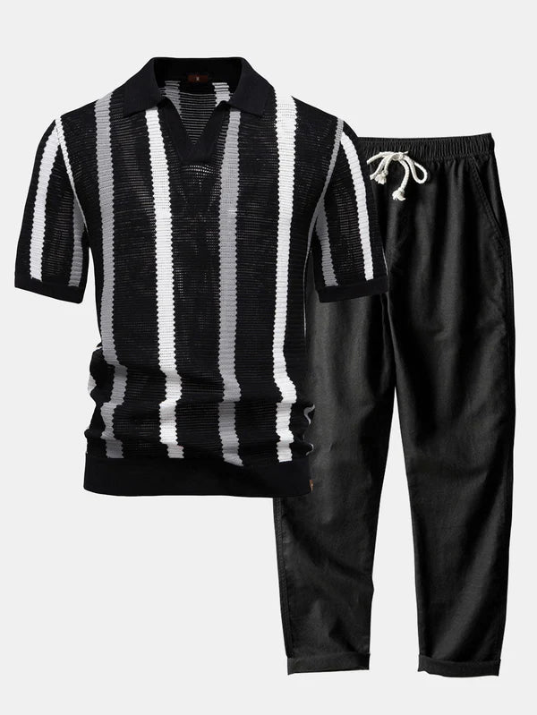 Stripe Knit V Neck Polo Shirt & Cotton Linen Pants