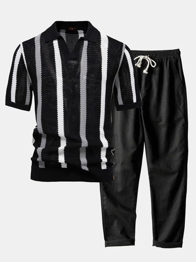 Stripe Knit V Neck Polo Shirt & Cotton Linen Pants