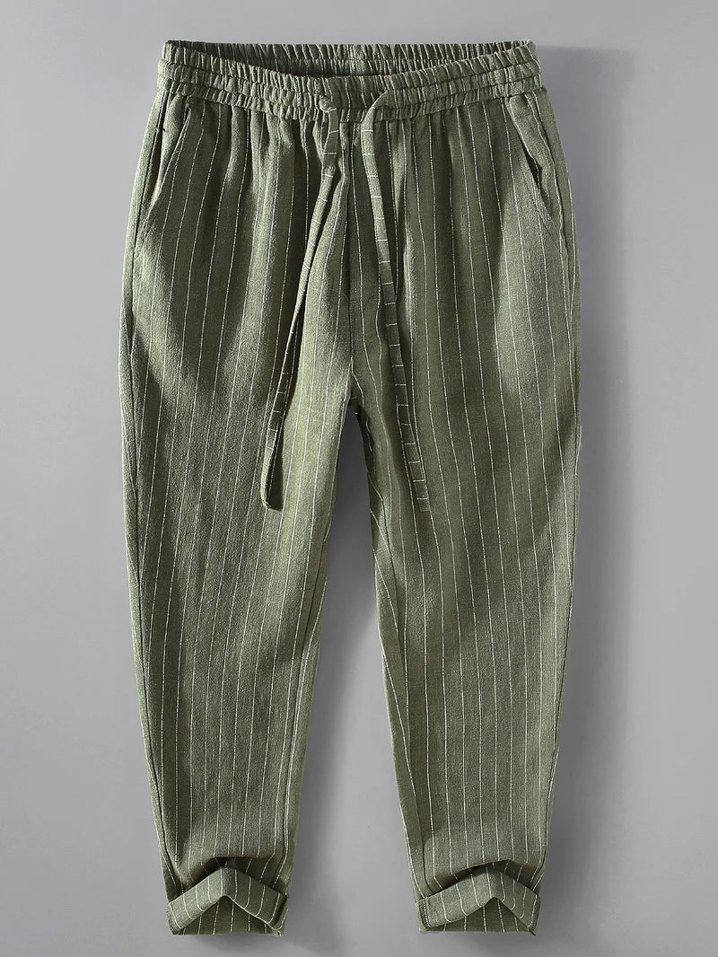 Striped Linen-Cotton Cropped Pants