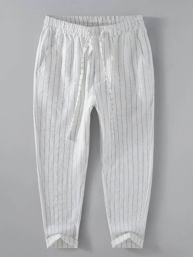 Striped Linen-Cotton Cropped Pants