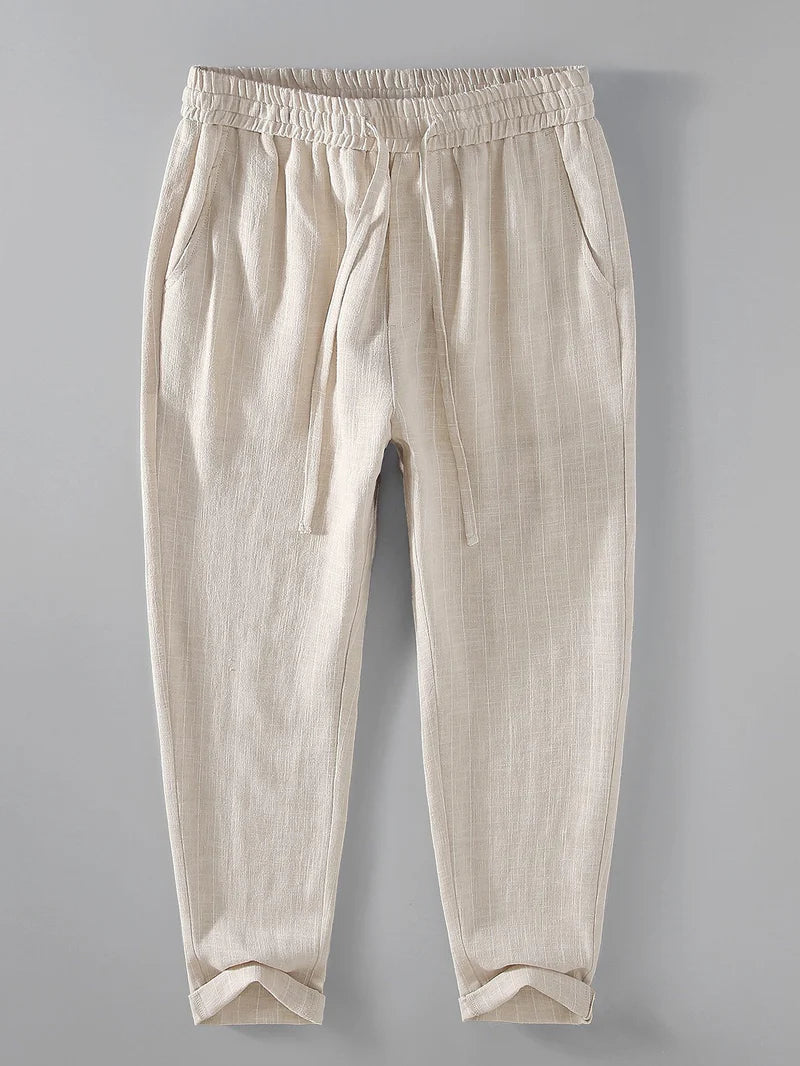Striped Linen-Cotton Cropped Pants
